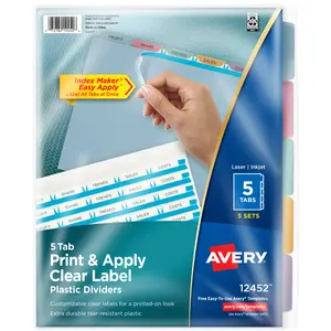 Avery 5 Tab Plastic Dividers for 3 Ring Binder, Easy Print & Apply Clear Label Strip, Index Maker Customizable Multicolor Tabs, 5 Sets (11452)
