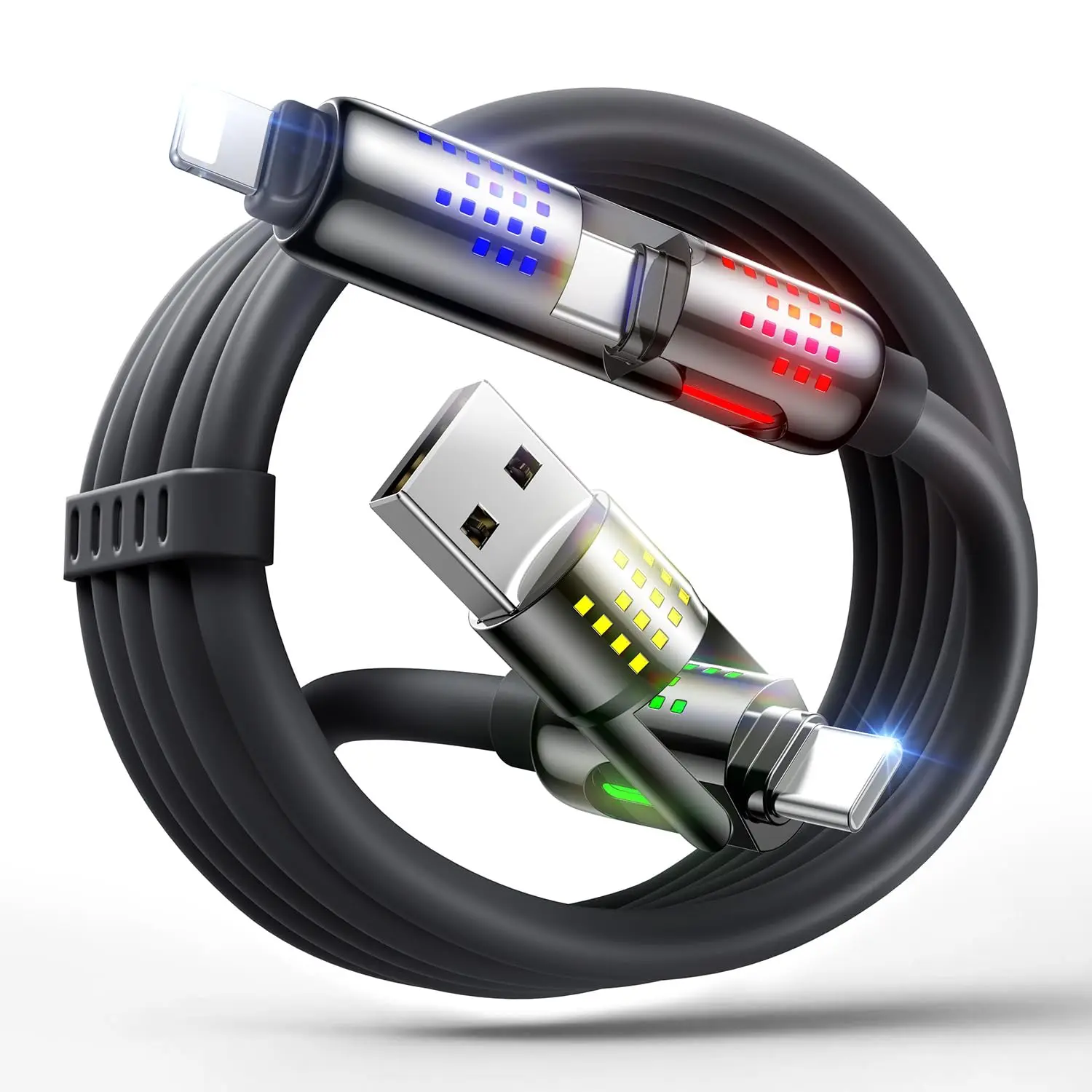 JOHN 240W 4 in 1 Charging Cable, 6.6FT USB C to Lightning Cable [MFi Certified], Multi for All Devices, Chubby USB A/C to C/Lightning with Light for iPhone/MacBook/iPad//Switch 2
