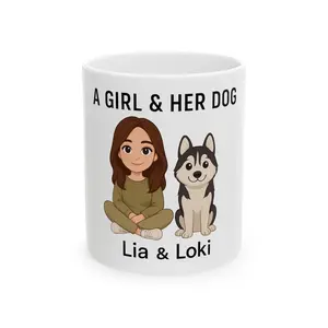 Custom Dog Cartoon Mug Personalized Girl & Her Husky Lia & Loki Ceramic Dishwasher Safe Gift for Dog Moms Birthdays Christmas