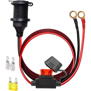 12V/24V Fixed Thread Cigarette Lighter Socket Extension Cable with Perforated Terminal Direct Battery Type car Adapter 2.5mm² 20A Heavy Duty Cable 10FT（Free Two Blade fuses）