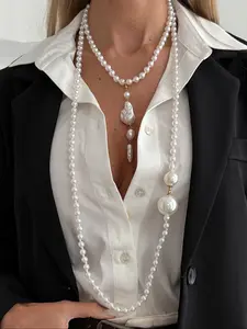 Boho Geometric Double Layer Faux Pearl Pendant Necklace, Elegant Fashion Jewelry Accessories for Women, Perfect Gift for Daily Wear and Parties, Fashionable