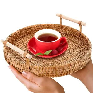 Rattan Tray 8.7" Round, Woven Serving Basket with Handles, Decorative Tray for Coffee Table, Bread, Fruit & Home Decor