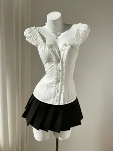 Women's Summer Blouse, Sweet Style Fitted Shirt with Wooden Trim & Single Button Closure, Slimming Design for Casual Wear
