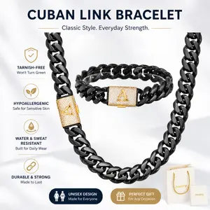 Black Stainless Steel Cuban Link Chain & Bracelet Set, 14mm Heavy Miami Cuban with Gold A–Z Initial Clasp, Fade-Resistant Hip Hop Streetwear Jewelry, Personalized Matching Set for Daily Wear, Trendy Gothic Punk Gift for Him & Her
