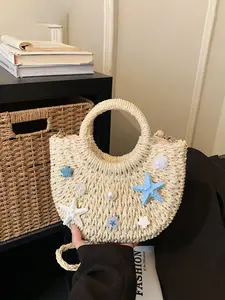 1pc Ladies' fashionable starfish shell decorated straw woven handbag, suitable for summer vacation style, beach travel, daily outings, and casual wear