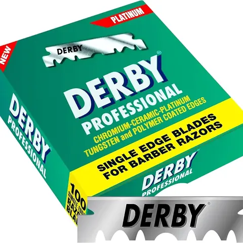 Derby Professional Platinum Single Edge Shaving Razor Replacement Blades Pack - 100 Count, Iron Core, Chromium Ceramic Polymer Coating, Barbers’ Grooming Refills, Youth-Friendly, No Harmful Additives, Efficient & Durable Replaceable Blades