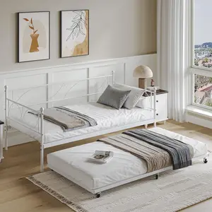 Gaomon Standard Twin Metal Daybed with Pull-Out Trundle, Space-Saving Multifunctional Platform Bed with Premium Steel Slat Support, for Bedroom, Living Room, White