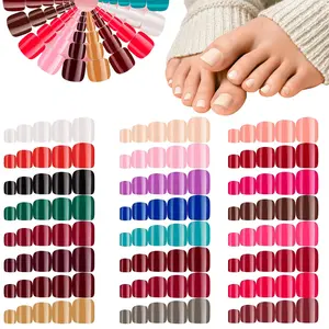 576Pcs 24 Sets Short Square Press on Toenails, Glossy Solid Color Full Cover Artificial False Nail Tips, Classic Color Reusable DIY Foot Manicure Accessories for Women