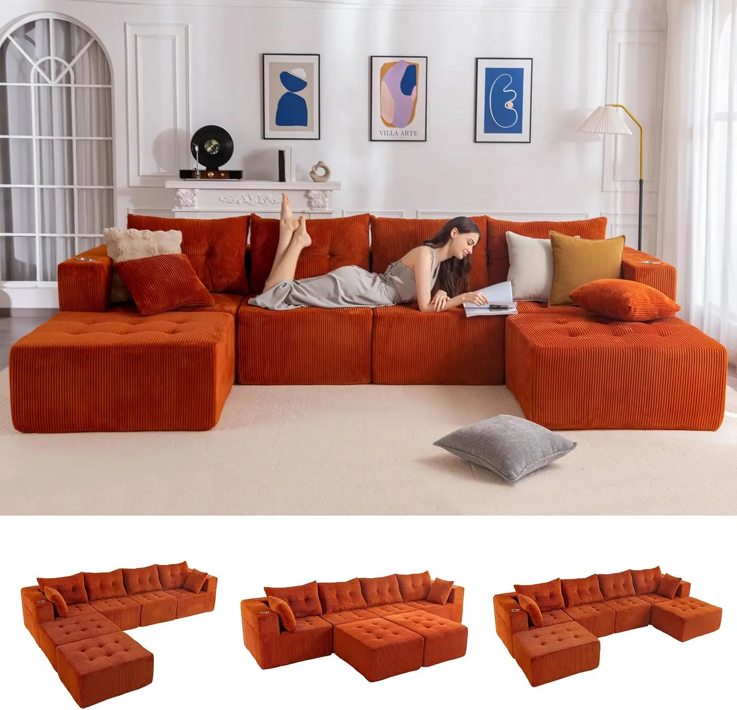 MAXYOYO 129.5" U-Shaped Modular Sectional Sofa Couch, Modern Cloud Couch with 2 Ottomans, Sofa in A Box, Tufted 6-Seat Boneless Sleeper Chair for Living Room, No Assembly Required