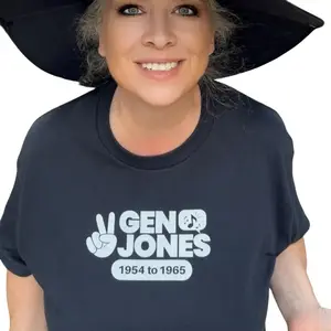 Gen Jones T-shirt for Generation Jones 1954 to 1965 Unisex Black Cotton Gilden T-shirt XL FisherBirdJones Exclusive Design Comfortable Casual Wear Top Womenswear