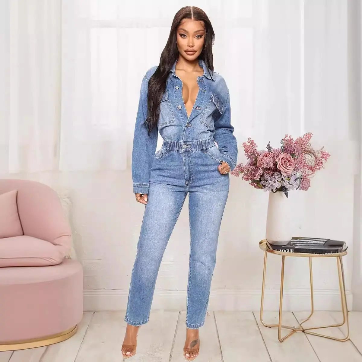 Women's Sexy Button Down Slim Fit Denim Long Jumpsuit Playsuit Lapel Full length Jeans Rompers Overalls