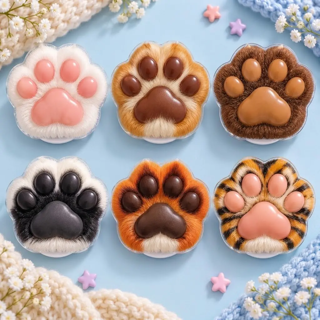 Cute Cat Paw Acrylic Phone Grip Set, Fluffy Kitty Paw Pad Phone Holder, Kawaii Cat Lover Phone Stand, Cute Pet Gift for Cat Moms & Animal Lovers