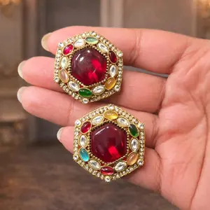 Polki Style Studs with Red Gemstone and Multicolor Accents for Elegant Jewelry Collection