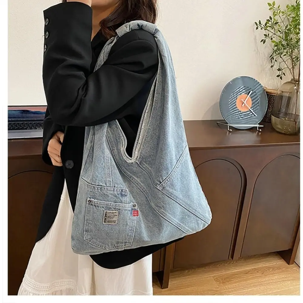 Denim Shoulder Bag Casual Large Underarm Bag Hobo Bag for Women Men Lightweight Tote Handbag Retro Denim Purse Travel Shopping Large Capacity Shoulder Bag Casual Tote Bag Retro Top Handle Bag Jean Purse Lightweight Hobo Bag summerwins