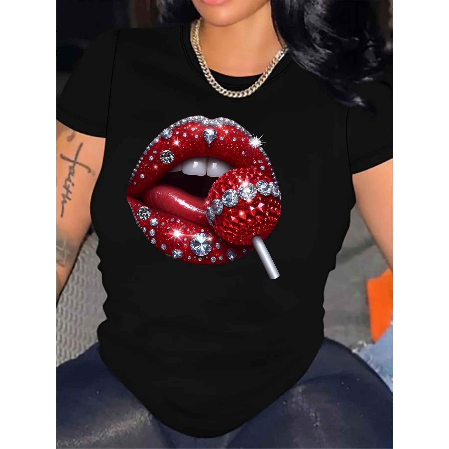 Women's Black Round Neck Short Sleeve Graphic T-Shirt with Stunning Red Glitter Lips and Rhinestone Lollipop Print Casual Trendy Fashion Tee