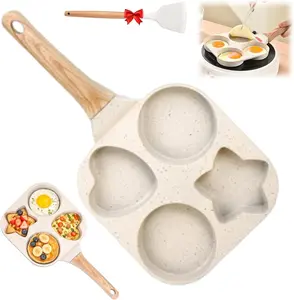 Non-stick Egg Frying Pan, 4 Hole Skillet with Wooden Heat-proof Handle, Maifan Stone Coated Breakfast Cookware, Great for Fried Egg, Mini Pancake, Egg Toast Bread, Multi-functional Household Cooking Accessories for Daily Family Breakfast