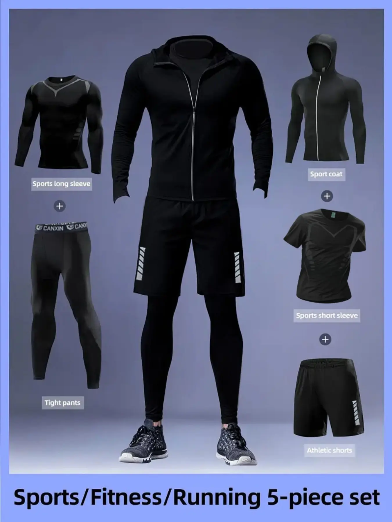 Men's 4-Piece Sports Set, Breathable Mesh Long Sleeve Top, Quick-Dry Tight Pants & Drawstring Shorts, Reflective Print, Gym Running Basketball, Workout Running Clothes