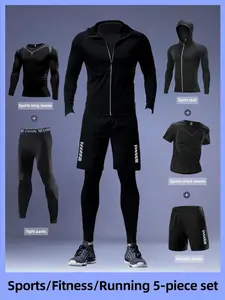 Men's 4-Piece Sports Set, Breathable Mesh Long Sleeve Top, Quick-Dry Tight Pants & Drawstring Shorts, Reflective Print, Gym Running Basketball, Workout Running Clothes