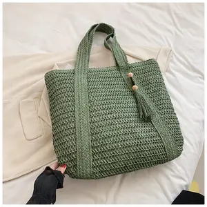Simple solid color large capacity fashionable women's handbag, simple and spacious, lightweight woven beach bucket bag, artistic wide braid hand-held woven vacation style beach bag shoulder bag.