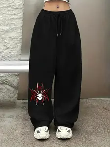 Women's Spider Print Drawstring Waist Loose Sweatpants, Street Fashion Casual Pocket Pants for Daily Wear, Women's Bottoms for All Seasons
