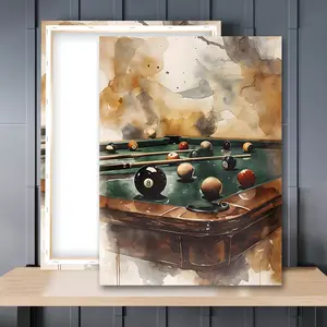 1pc Wooden Framed, Vintage Billiards Wall Art Print, Pool Table Watercolor Art Canvas Painting, Game Room Wall Decor, 8 Ball Sports Bar Poster, For Bathroom, Bedroom, Office, Living Room, Home Decor Ideas