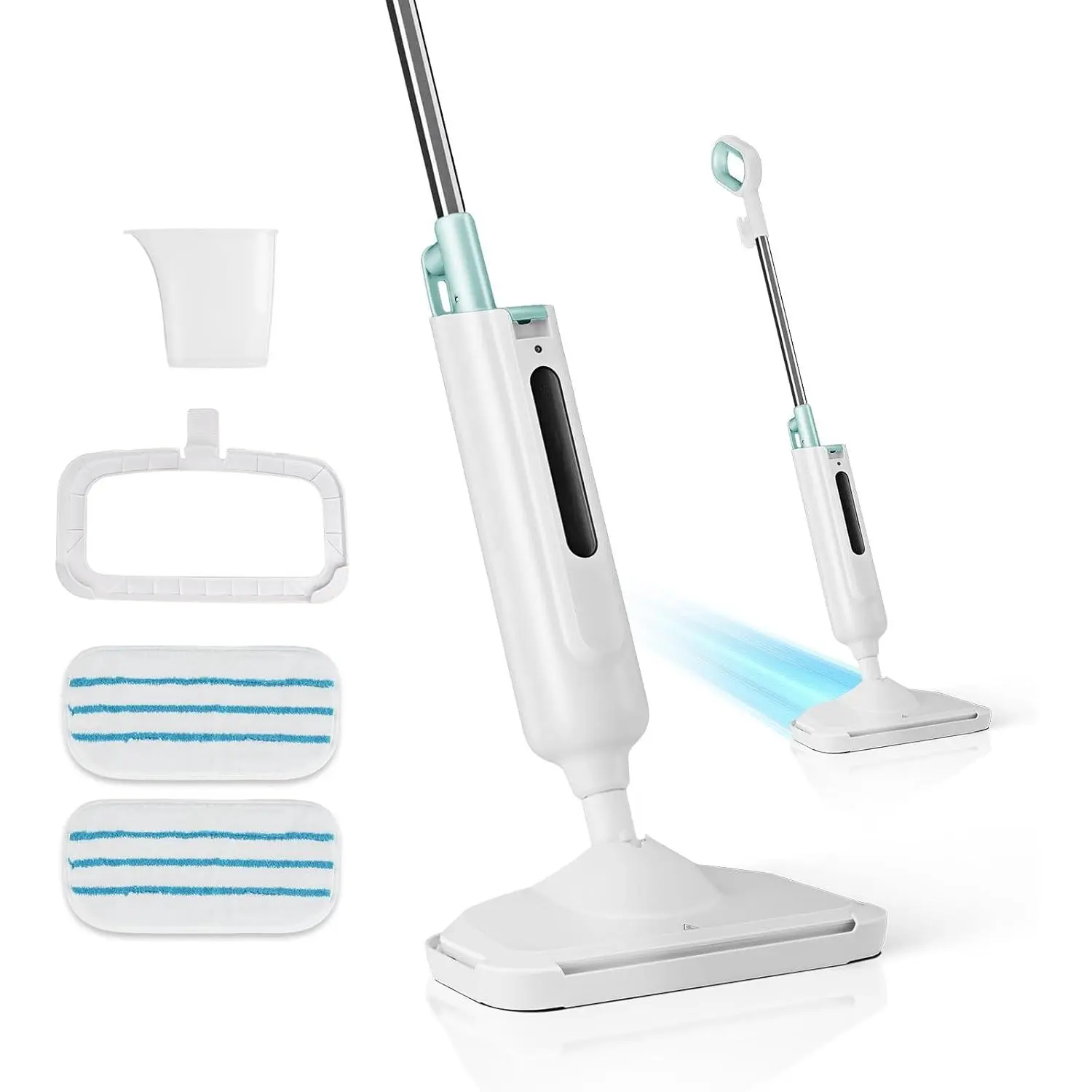 Portable Lightweight Detachable Handheld Steam Mop - Ergonomic Grip, 2 Reusable Washable Cleaning Pads, 43*11in, Dual White-Green Tone, Electric Steam Cleaner for Tile, Hardwood, Stone Floors, Easy Pushing