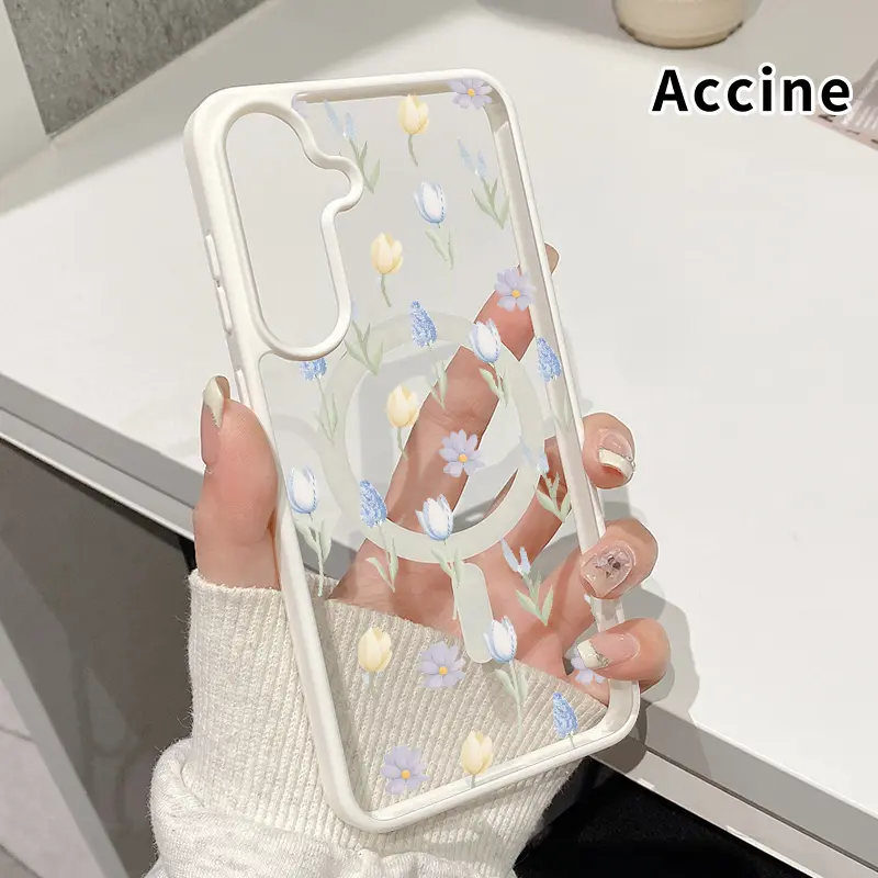 Magnetic Soft Case Compatible with Galaxy S23 Ultra S24 Plus S25 S22+ FE Non-Yellowing Drop Protection Transparent Acrylic Adorable Tulips Pattern Shockproof Silicone Cover Supports Wireless Charging.