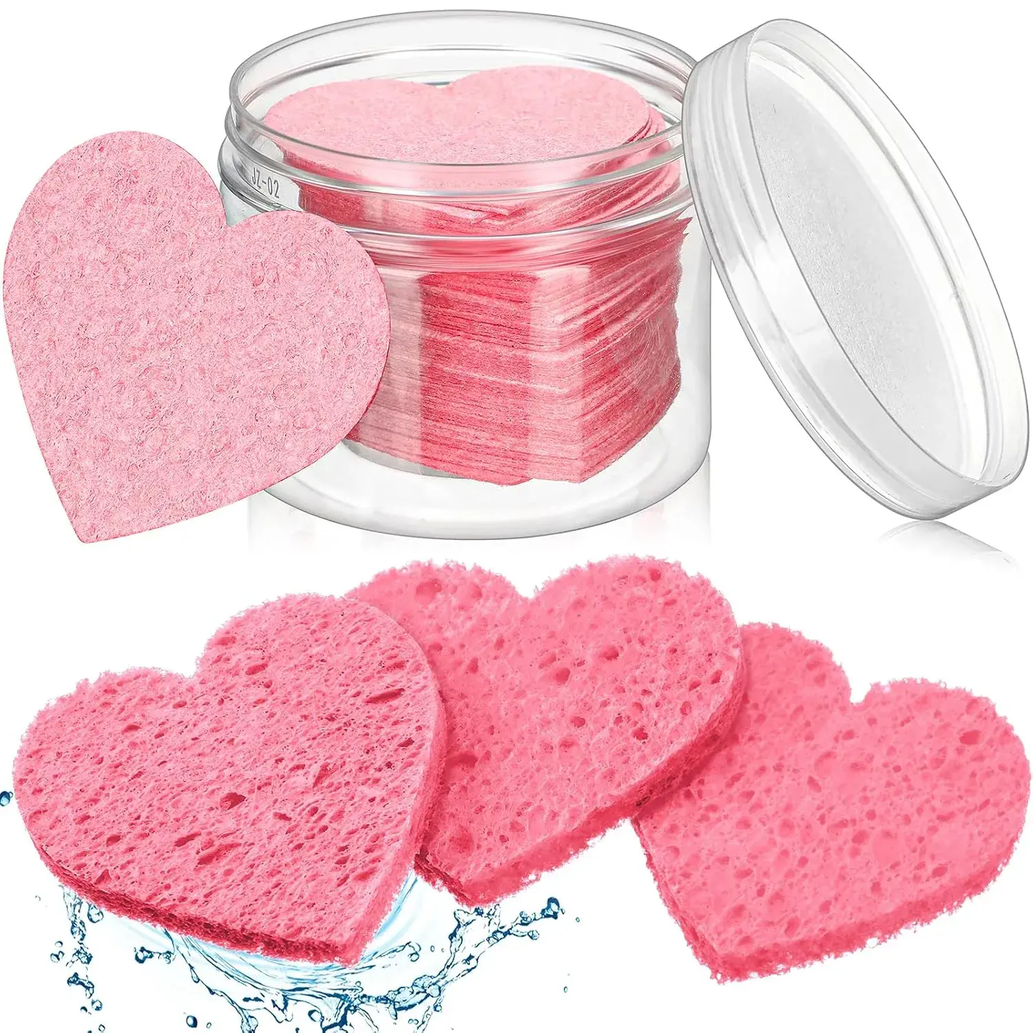 60 Pieces Facial Sponges with Container, Heart Shape Compressed Face Sponge Natural Sponge Pads for Washing Face Cleansing Exfoliating Esthetician Makeup Removal