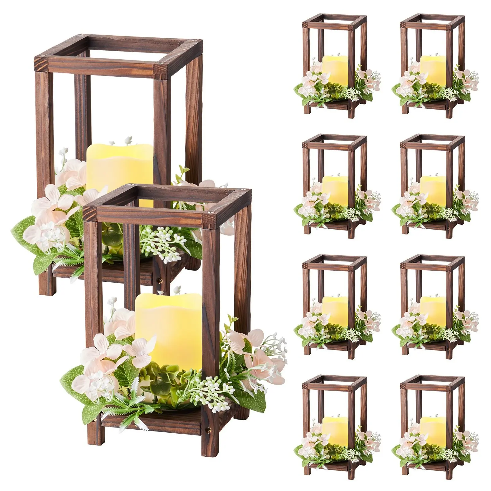 10-Set 30-Pcs Wooden Wedding Lantern Centerpiece Including 10 Wooden Lantern Candle Holders, 10 Flameless LED Candles, 10 Champagne Flower Wreaths for Wedding Table Party Farmhouse Decor, Brown