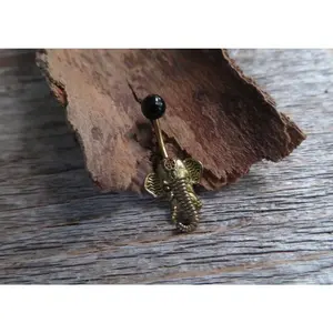 Black Obsidian Natural Stone Elephant Ganesh Belly Ring Piercing 14g (1.6mm) Piercing
