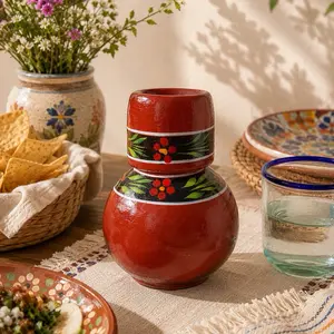 Clay Cantaro Drinkware Set - Small Hand-Painted Cantaro with Matching Cup for Kitchen Use Mexican Serving