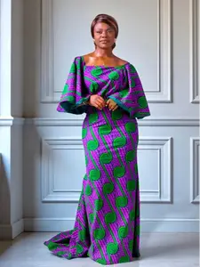 Emerald Orchid Mermaid Gown | Purple Green Ankara Gown | Off-Shoulder Puff Sleeve African Print Dress | Fully Lined | S–3XL