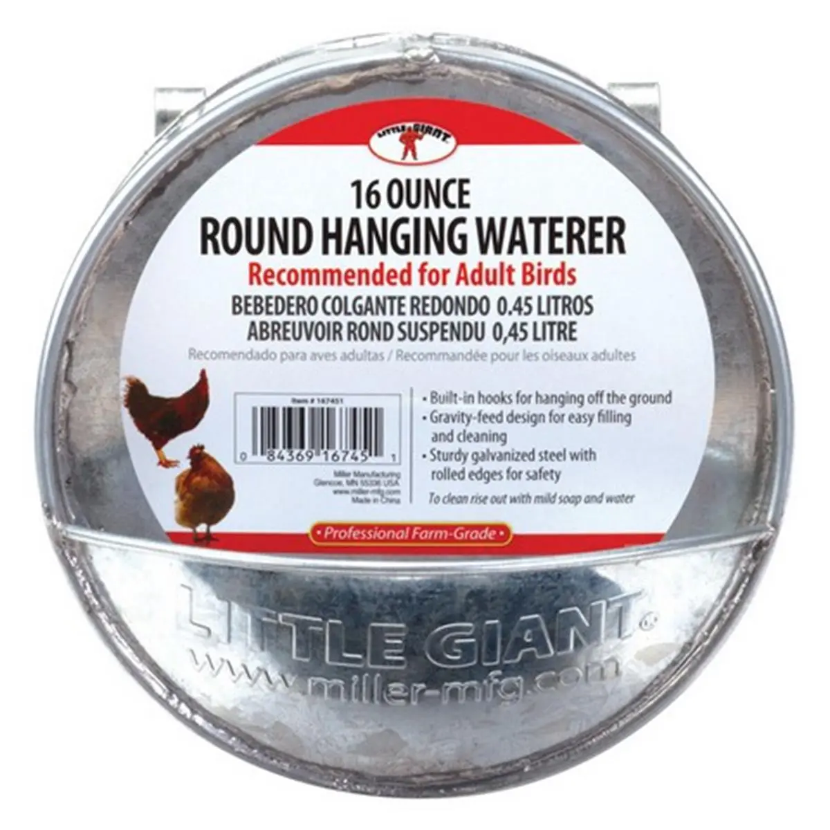 Little Giant 167451 Galvanized Metal Round Gravity Feeder, 1 pt Hanging Bird Feeding Tool with Built-in Hooks, Rolled Edges & Hanging Waterer Function, Spillage-Reducing Bird Supply, Reduces Spillage