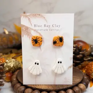 Blue Bay Clay Handmade Clay Spooky Stud Pack of 2 - Square Spidy & Glittery Ghost Nickel-Free Polymer Clay Earrings for Halloween