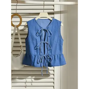 EZwear Women's Casual Denim Tie Bow Ruffle Hem Vest, Blue