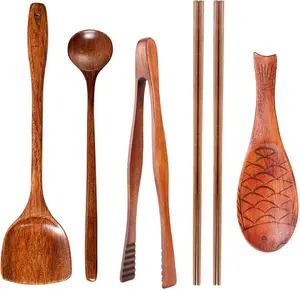 FJNATINH Wooden Cooking Utensils 6-Piece Set - Durable Rosewood-Wenge Wok Shovel, Spatula, Chopsticks, Tongs, Long Spoons, & Fish-Shaped Rice Spoon for Nonstick Cookware