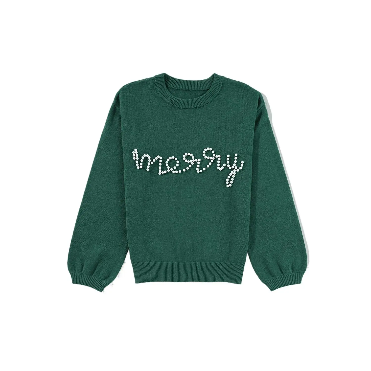 Women's Merry Christmas Sweater, Festive Pearl Beaded Long Sleeve Pullover with Round Neck in Blackish Green, Cardigans, Lady, Sweatshirt, Tops, Hoodie