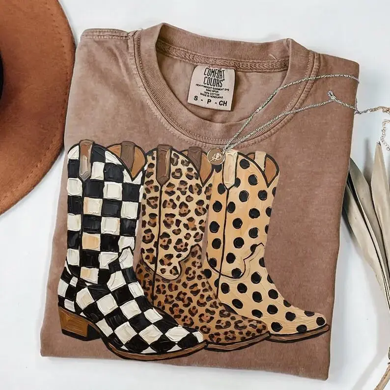 Comfort Colors Aesthetic Brushstroke Cowboy Boots for Women - Unique Mix of Leopard Print, Checkered & Polka Dots | Western Cowgirl Vibe Cowboy Graphics | Perfect for Festivals & Streetwear