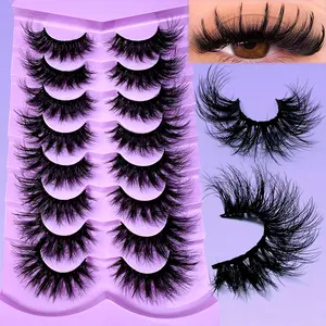 8Pairs Extension Thick Long Reusable Extended Makeup Lashes 9D Faux Mink False Eyelashes, Multi-Layered Curly & Fluffy, Soft & Voluminous Drama Messy Mink Lashes, Cat Eye Shape, Handmade Suitable For Beginners, Comfortable & Versatile 15-35 mm eyelashes