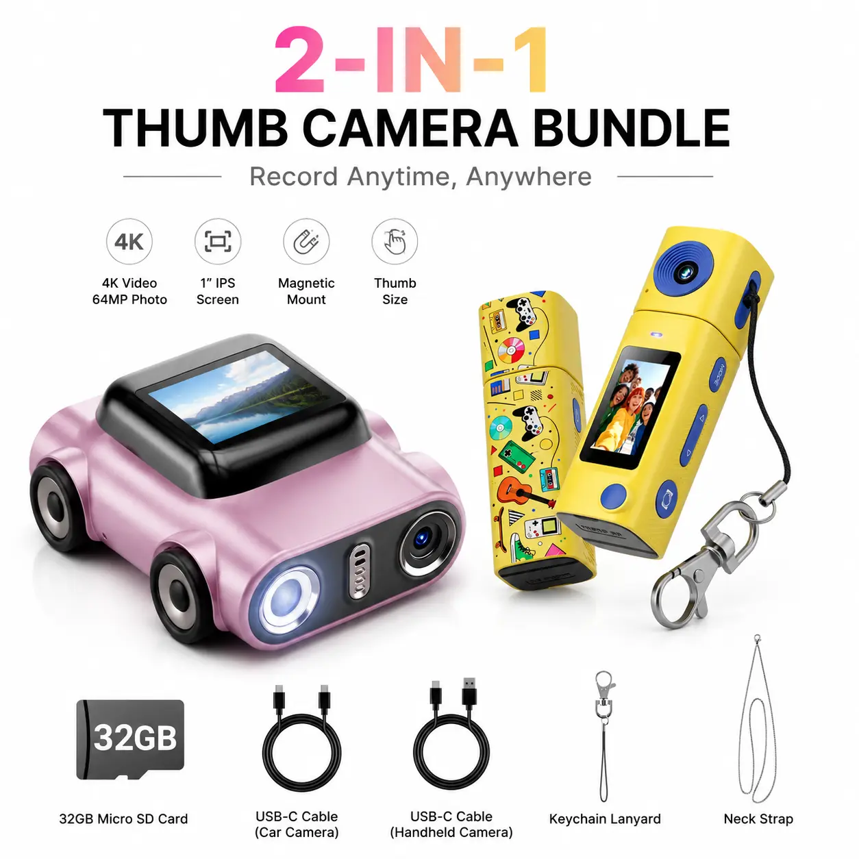 【32G SD Card】 2-in-1 Mini Car Camera + Lipstick-Sized Mini HD Digital Camera, 2K Vlogging Camera, 270° Rotatable, 21 Fun Filters, Camcorder, Camera Recorder, Smart Camara, Camara 1080P, Cameras Pictures