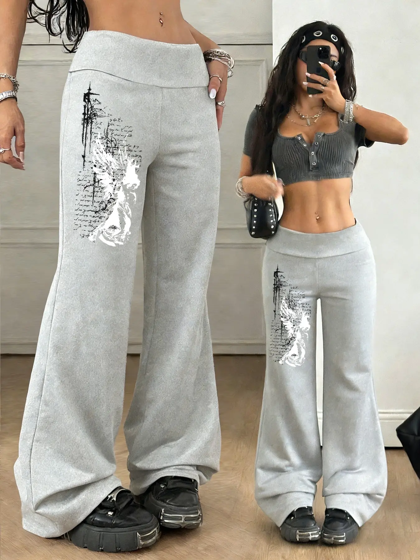Goth Angel Print High-Waist Flare Pants | Y2K Grunge Streetwear Wide leg, stretchy fabric, edgy red blood splatter design, perfect for TikTok fits, alt fashion, casual punk looks, Bottom Gothic Womenswear, Casual fashion bottoms
