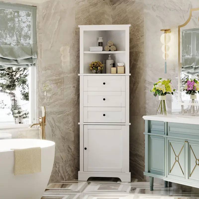 Triangle Tall Corner Cabinet with 3 Drawers and Adjustable Shelves for Bathroom, Kitchen or Living Room, MDF Board with Painted Finish