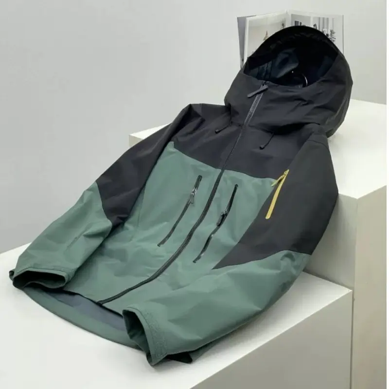Black, gold and green. Outdoor waterproof jacket for men and women, single-layer jacket, water and windproof, hiking coat