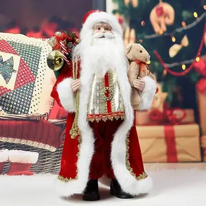 18" Santa Claus Decorations, Christmas Standing Figurine Ornaments with Gifts Bag and Small Bear for New Year Christmas Decoration Navidad Natal Gifts.