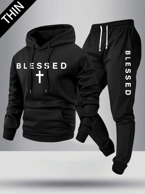 Men's Spring/Autumn Lightweight Hoodie & Jogger Set with Blessing Letter Cross Print Pattern, Stylish Casual Men's Pocket Streetwear Sweatpants with Elastic Waist & Drawstring, Perfect Gift for Him