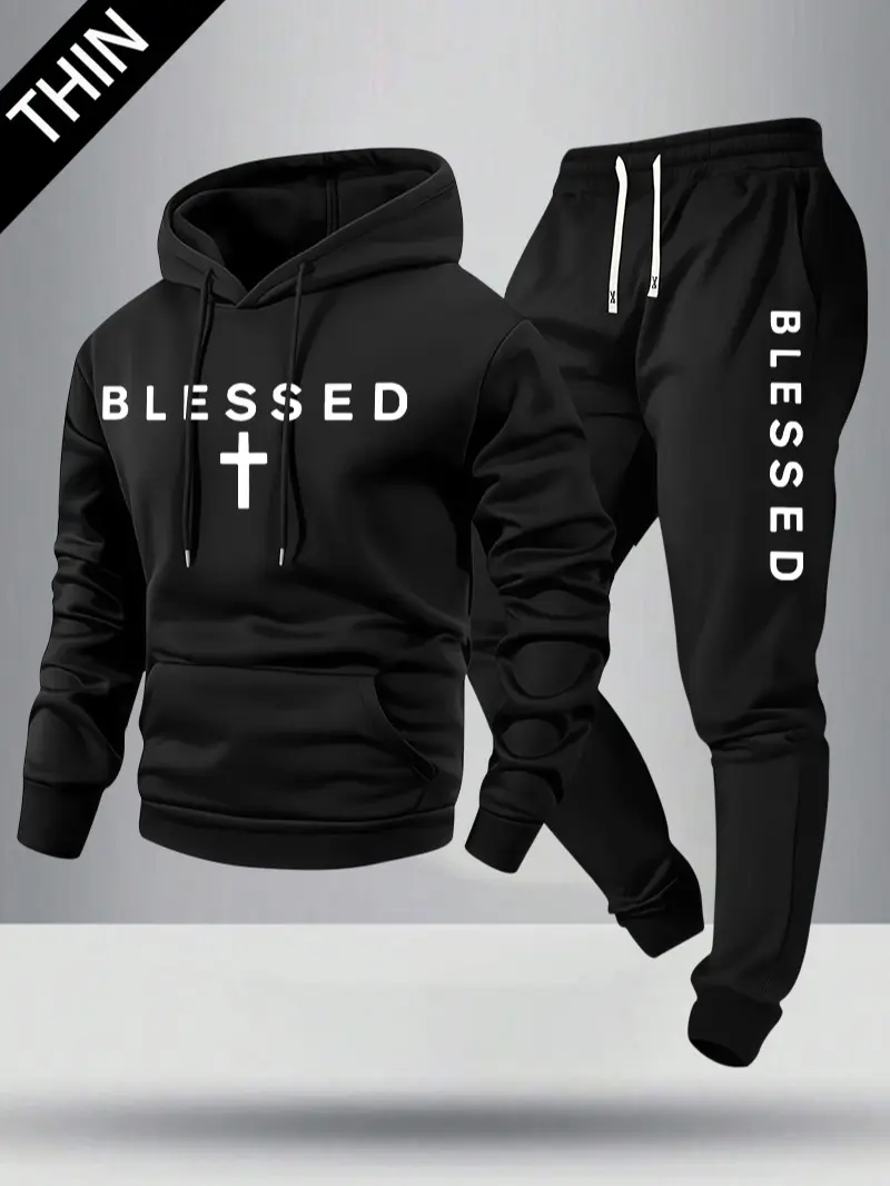 Men's Spring/Autumn Lightweight Hoodie & Jogger Set with Blessing Letter Cross Print Pattern, Stylish Casual Men's Pocket Streetwear Sweatpants with Elastic Waist & Drawstring, Perfect Gift for Him