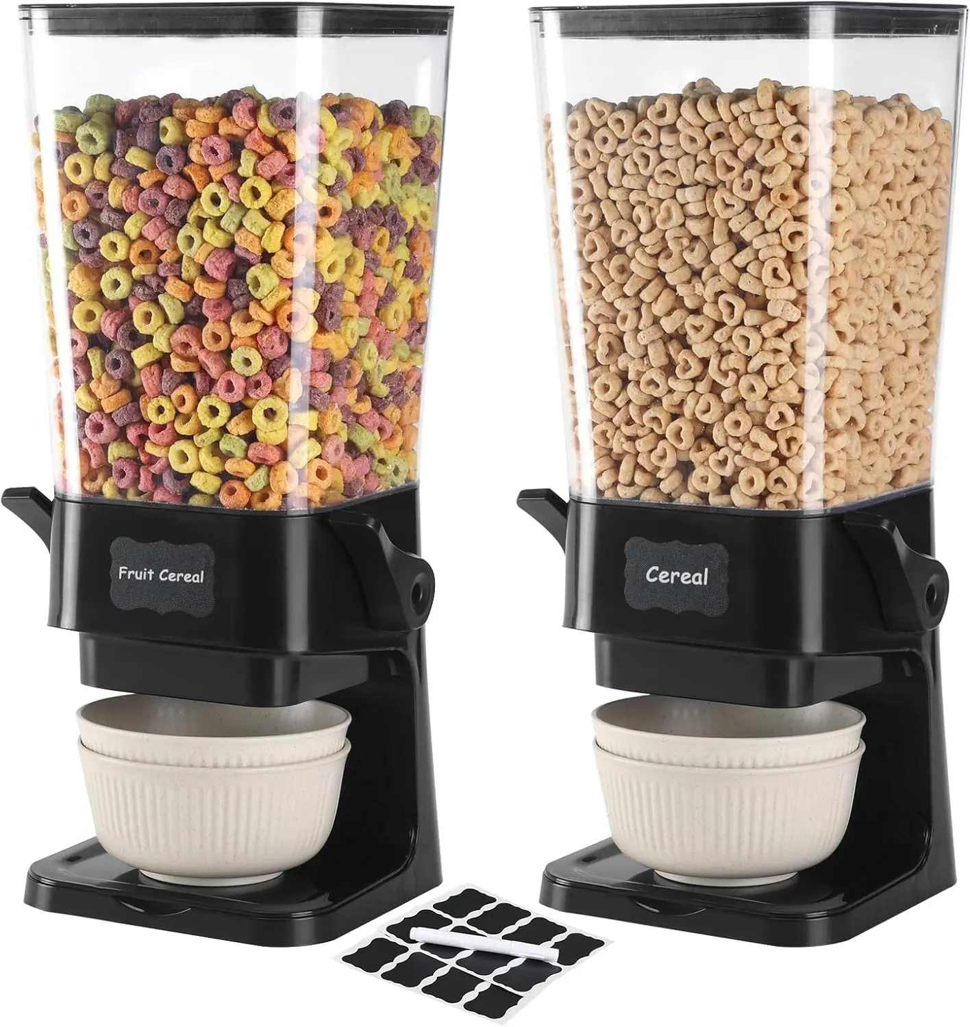 Cereal Dispenser Countertop with Cereal Bowls,16 Labels & Pen, Cereal Containers Storage, Candy Dispenser, Dry  Dispenser For Pantry - Not Easy to Crush  (Black, 2 Pack)