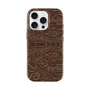 Faux Print Brown Tooled Leather Tough Magnetic Phone Case
