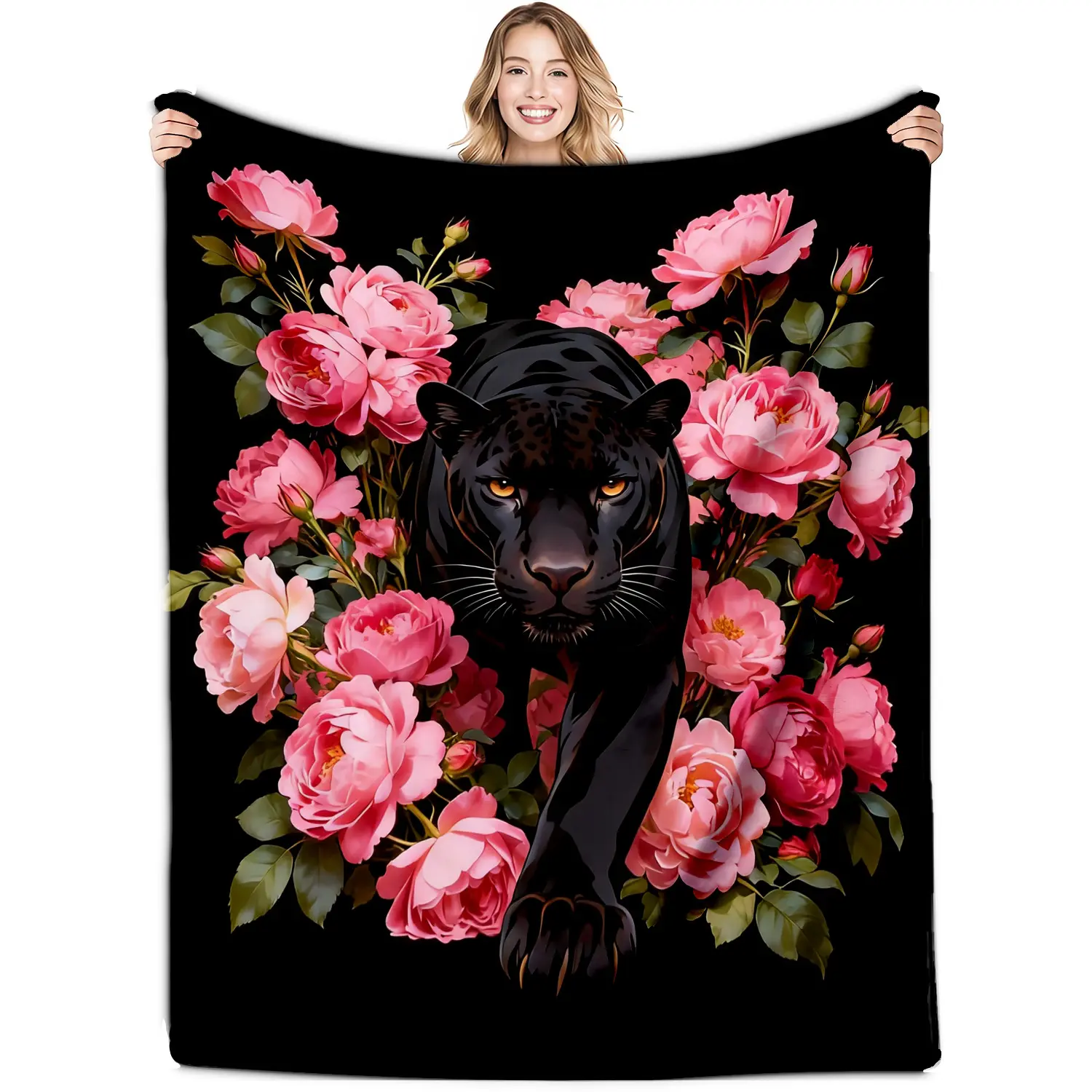 Black Panther & Pink Rose Throw Blanket, Lightweight Flannel Blanket, Dramatic Floral Animal Print Blanket, Decorative Throw for Couch Bedroom Office, Gift for Home Decor