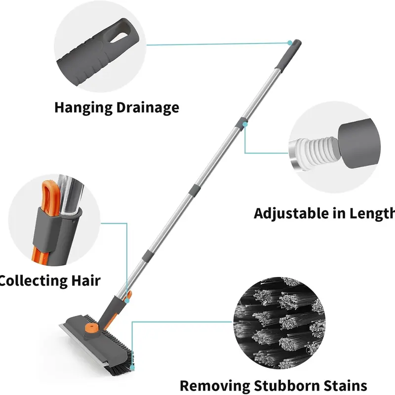 Adjustable Plastic 3-in-1 Floor Scrub Brush with Long Handle Broom - Heavy-Duty Stiff Bristles, Silicone Squeegee, Cleaning Scraper, Back Strain Reduction, Dust Removal, Long Rod Hanging Hole for Shower, Garage (Grey, Ideal Gift), Squeegee Broom, Glass Sq